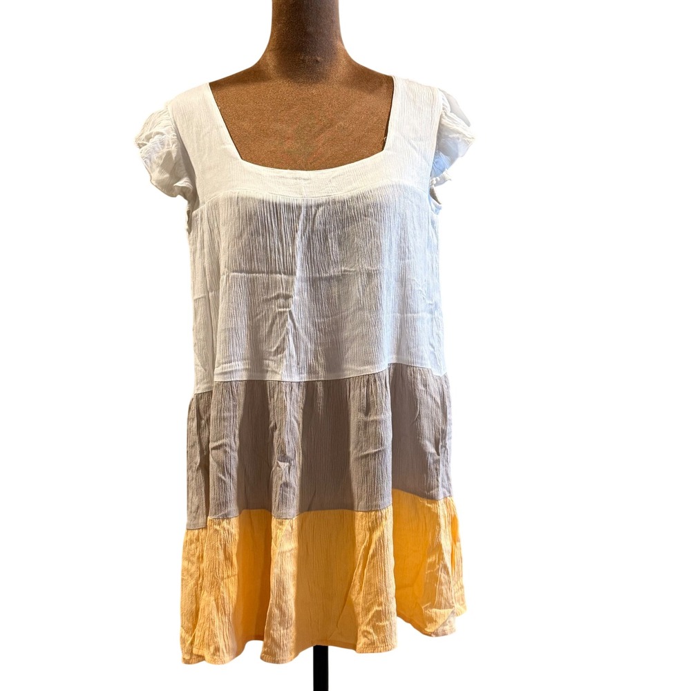 Kiwi + Punch Tiered Mini Dress Women‎ M White Taupe Yellow Ruffle Beach Casual